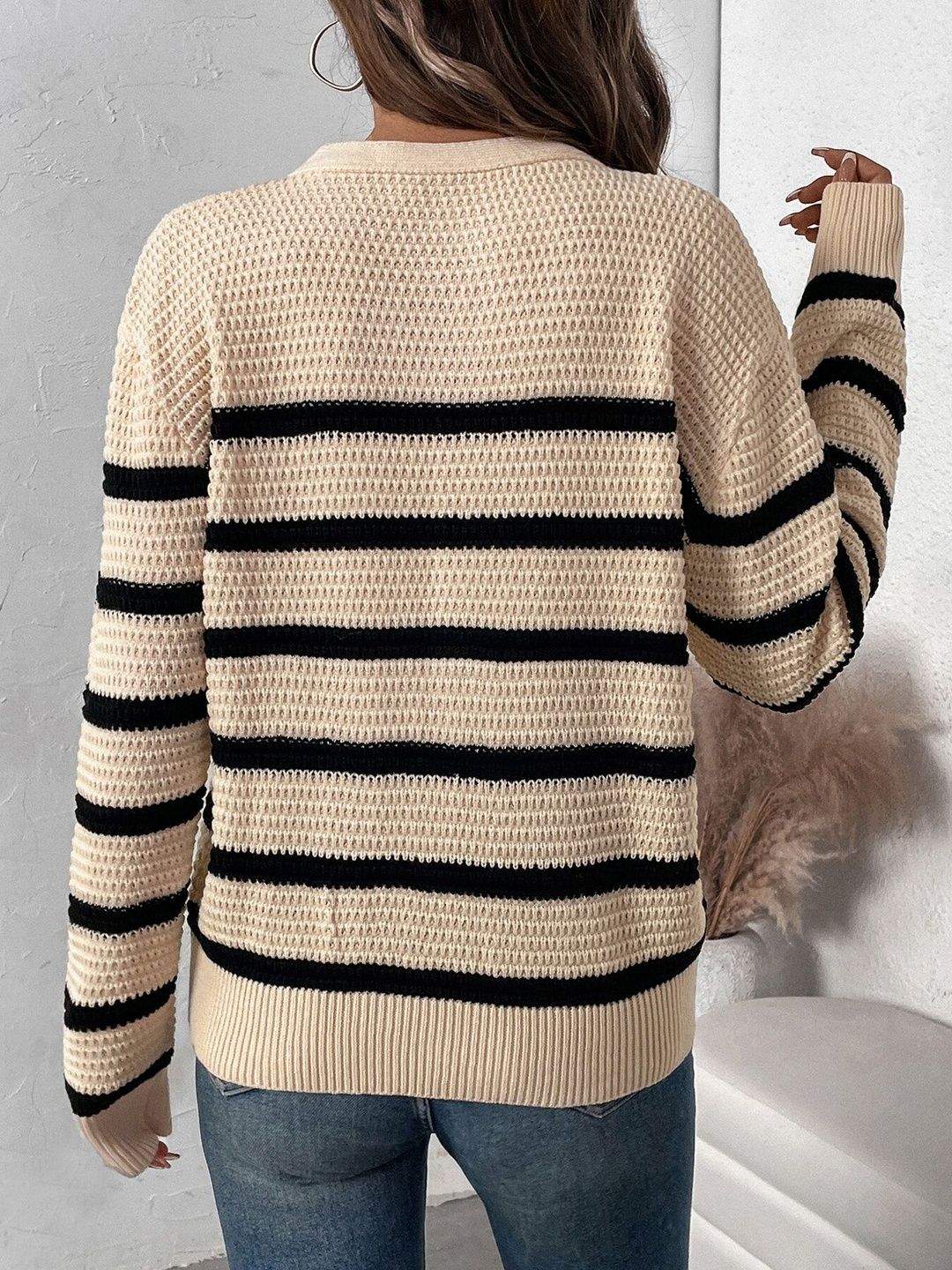 Women's Beige Nowi Women Striped Pullover Blend Regular Fit