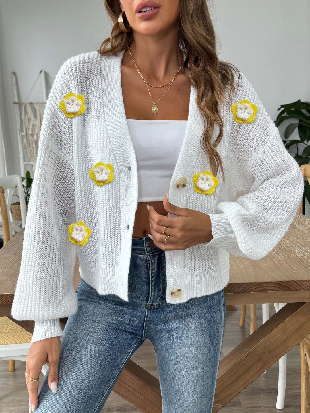 Women Crop Cardigan with Applique Detail