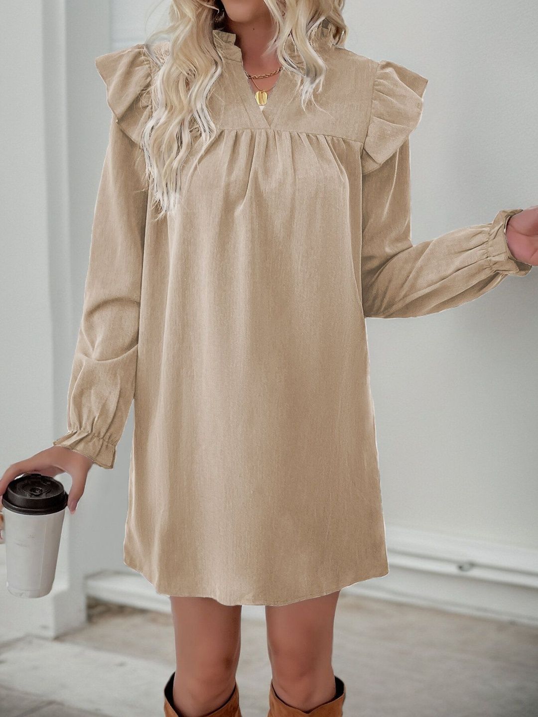 Flared Sleeve Ruffled Dress in Beige - Nowi Korean Fashion