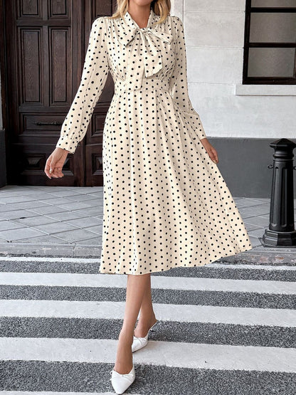 Women's Grey Nowi Polka Dot Print Tie-Up Neck Fit & Flare