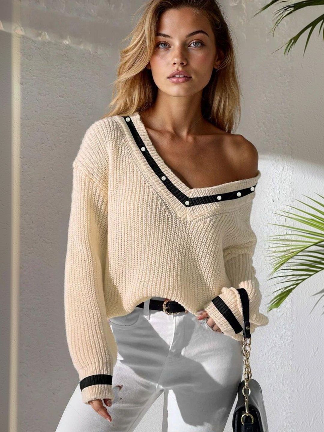 Colourblocked Ribbed Pullover in Beige acrylic Long Sleeve - Nowi Korean Fashion