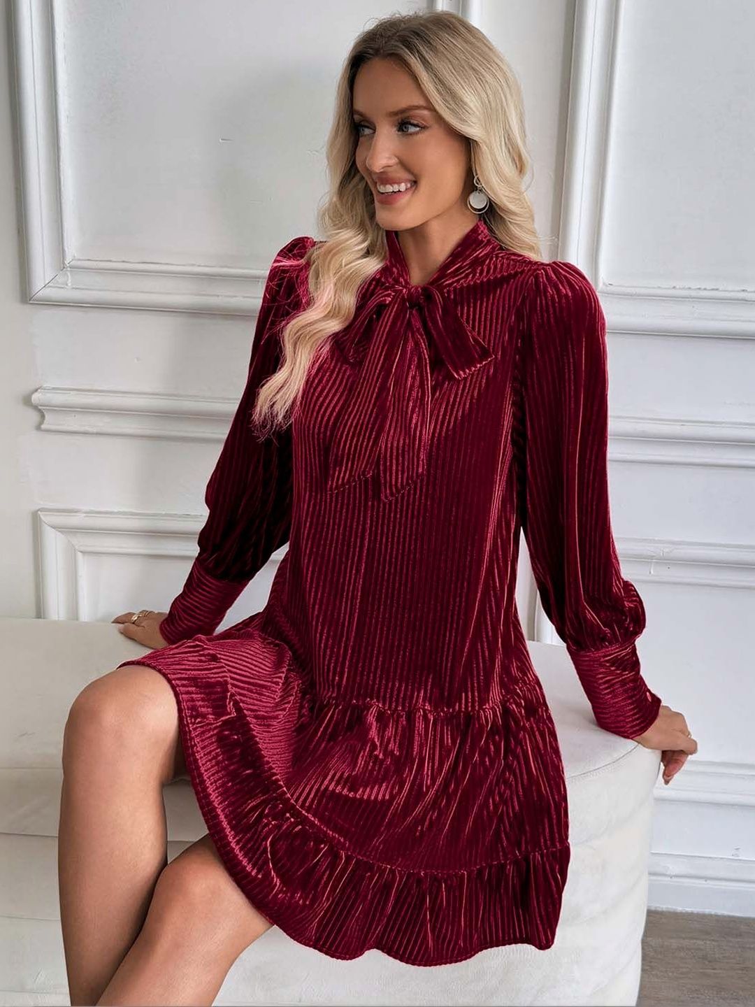 Tie-Up Neck Puff Sleeve Ruffled A-Line Dress