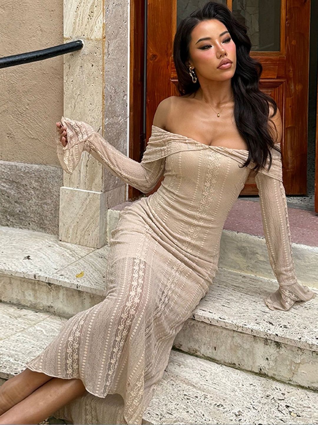 NOWI Off-Shoulder Flared Sleeve Ruffled Sheath Maxi Dress