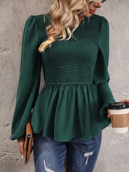 Women's Green Smocked Cotton Peplum Top