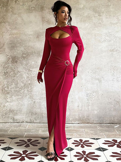 Keyhole Neck Sheath Maxi Dress in Red polyester - Nowi Korean Fashion