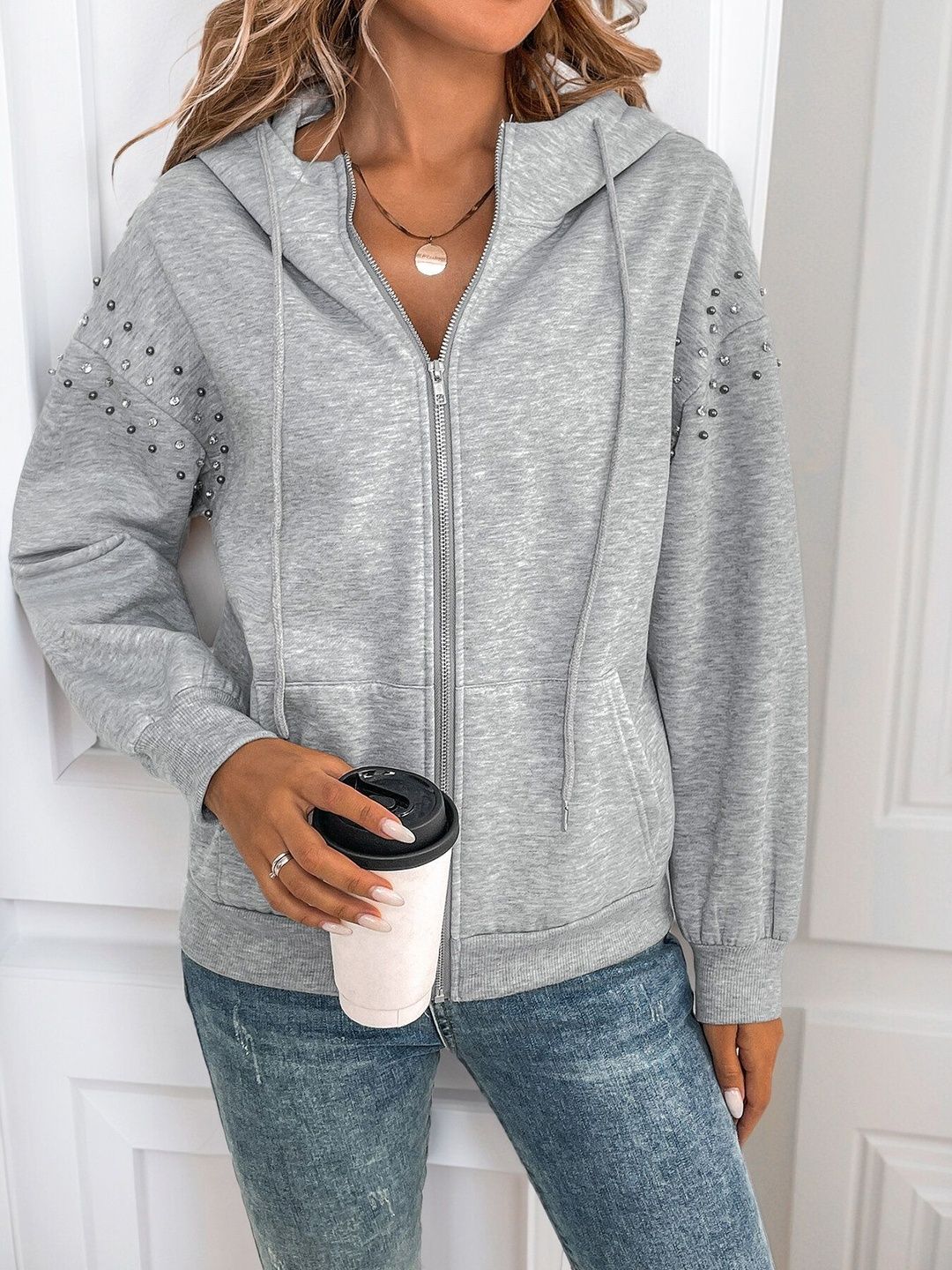 Hooded Sweatshirt in Grey Cotton Style 983 - Nowi Korean Fashion