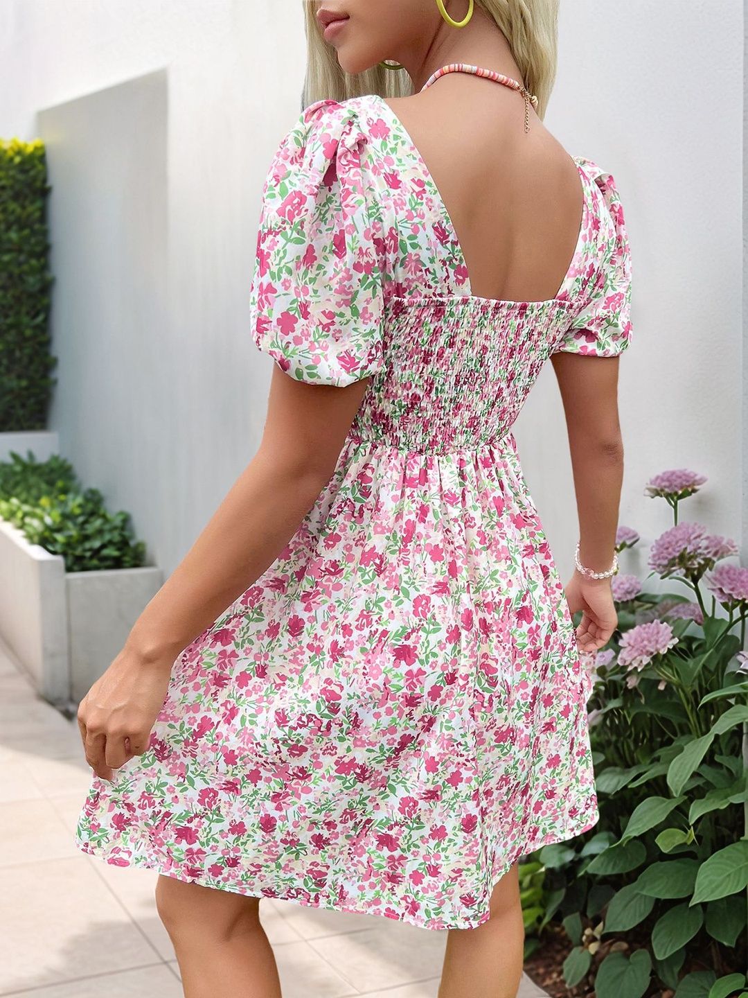 Floral Print Puff Sleeve Fit & Flare Dress