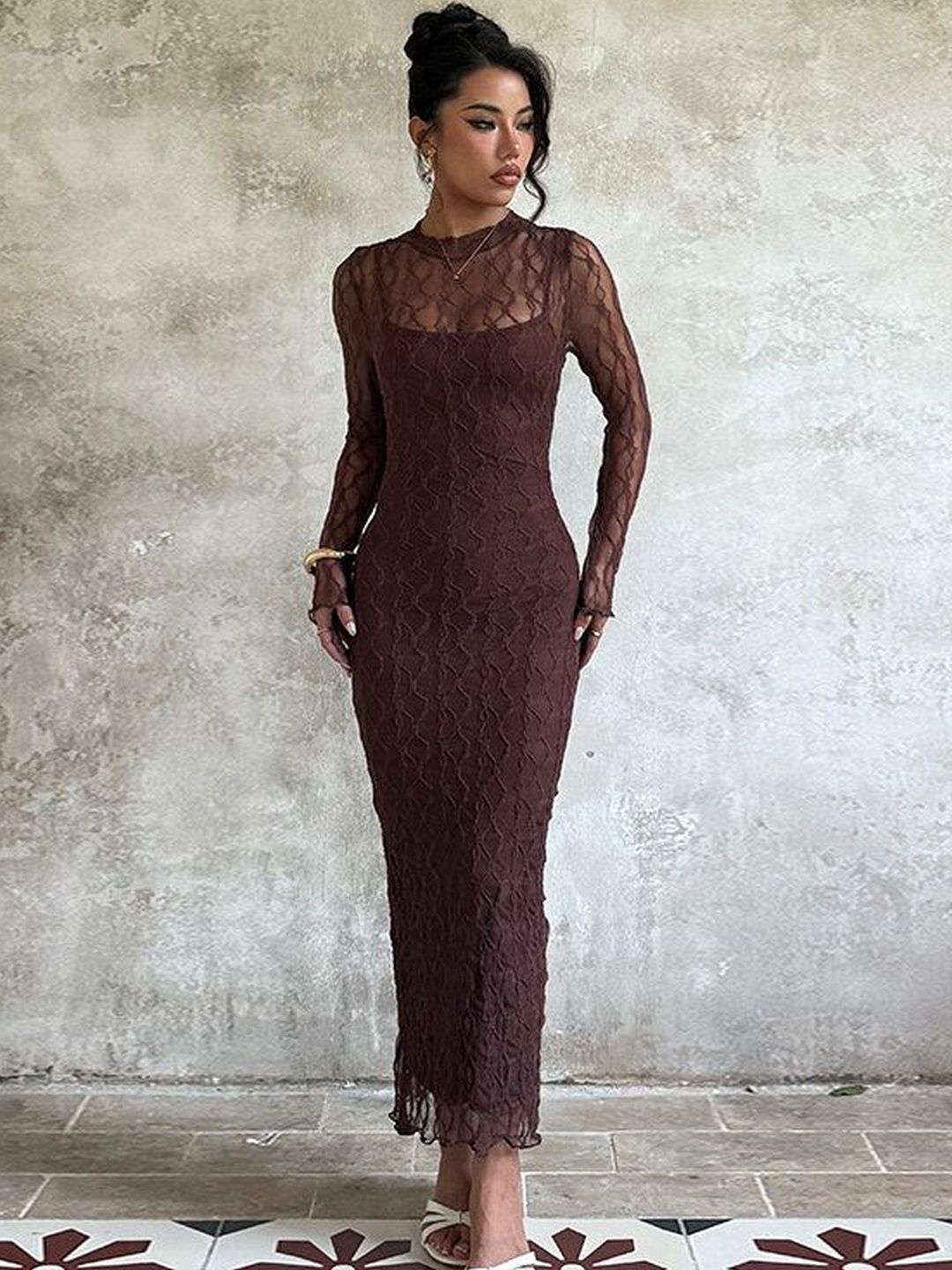 Bodycon Maxi Dress in Brown polyester - Nowi Korean Fashion