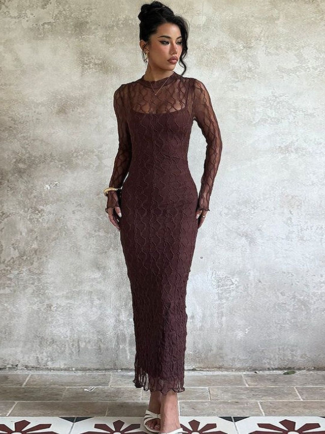 Bodycon Maxi Dress in Brown polyester - Nowi Korean Fashion