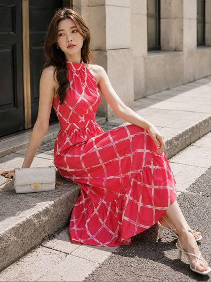 Print Halter Neck Crepe Fit & Flare Midi Dress