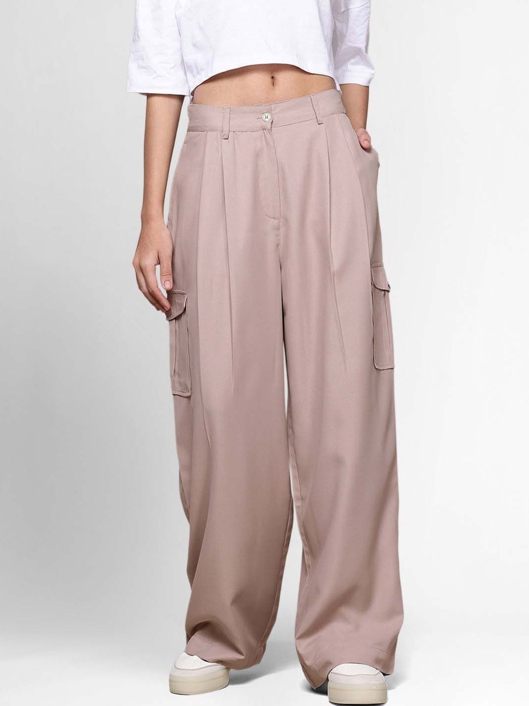 High-Rise Pleated Cargos Trousers in Pink polyester - Nowi Korean Fashion