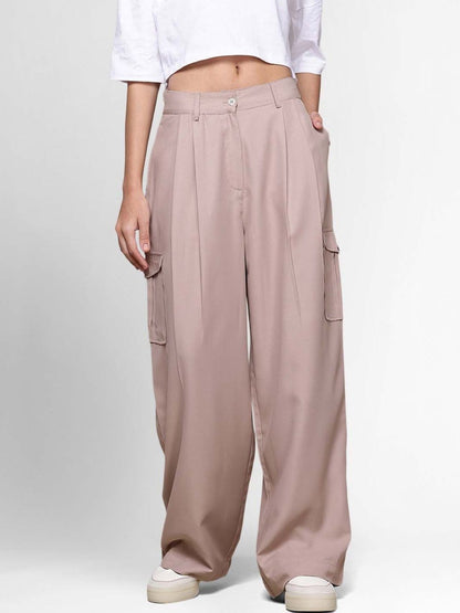 High-Rise Pleated Cargos Trousers in Pink polyester - Nowi Korean Fashion