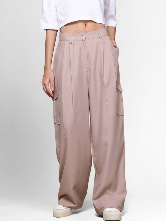 High-Rise Pleated Cargos Trousers in Pink polyester - Nowi Korean Fashion