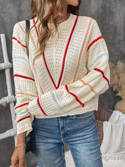 Women's Beige Nowi Women Striped Pullover Blend Regular Fit