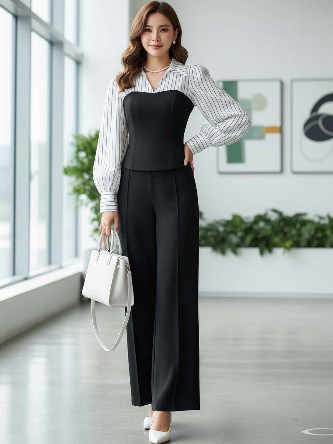 Striped Shirt with Solid Palazzos in Multicolor - Nowi Korean Fashion