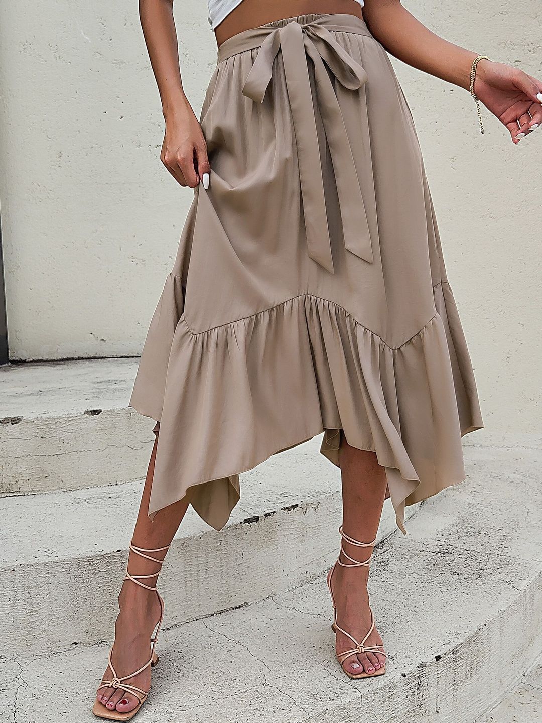 Flared Midi Skirt With Tie Waist