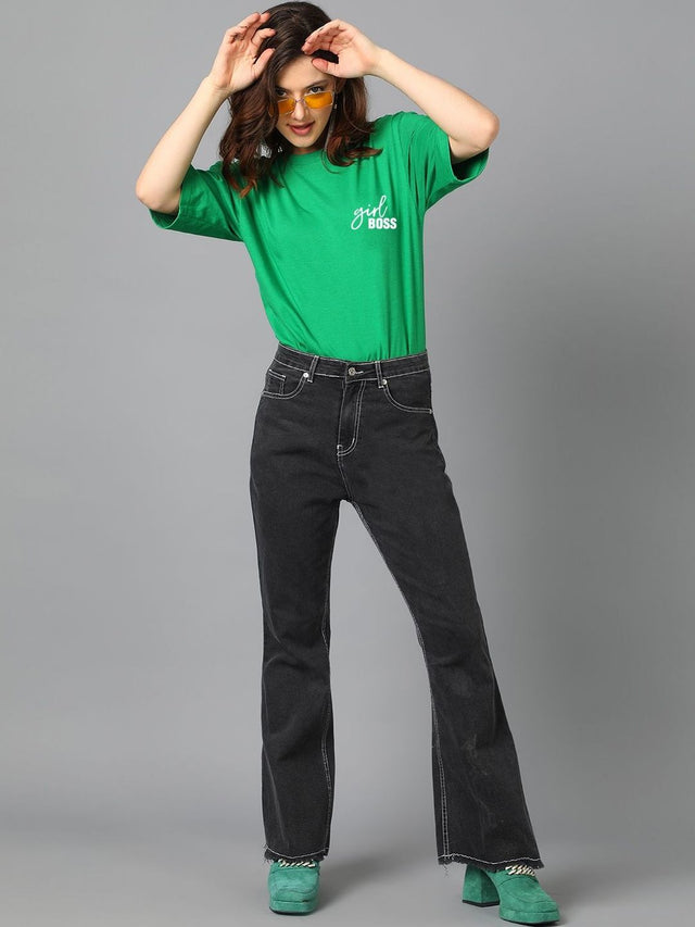 Typography Printed Drop-Shoulder Sleeves T-shirt in Green cotton - Nowi Korean Fashion