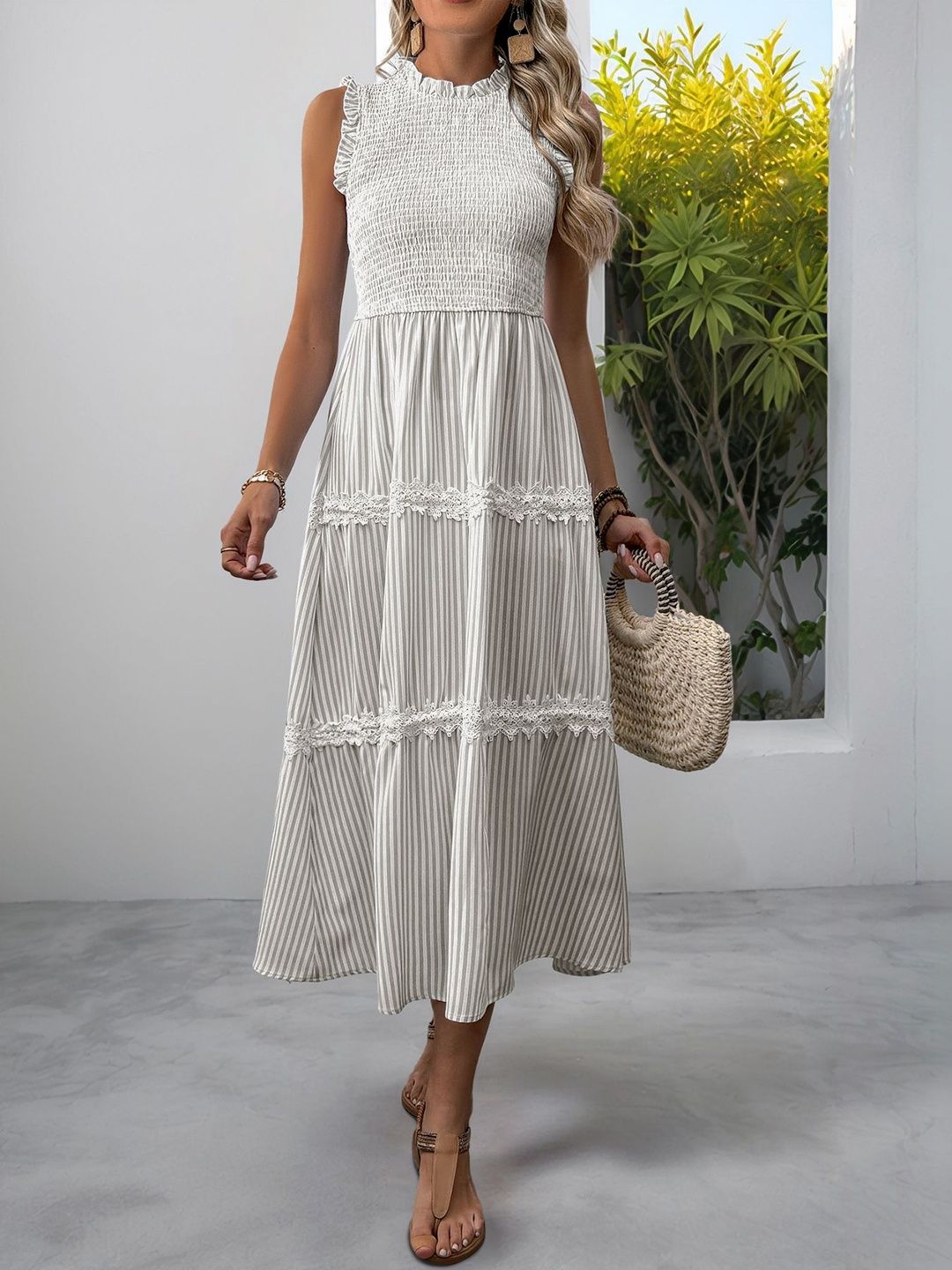 Striped Puff Sleeve A-Line Midi Dress