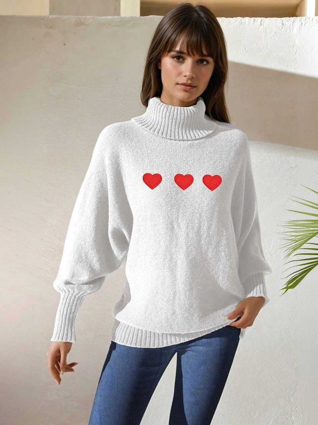 Embroidered Pullover with Embroidered Detail in White acrylic Long Sleeve - Nowi Korean Fashion