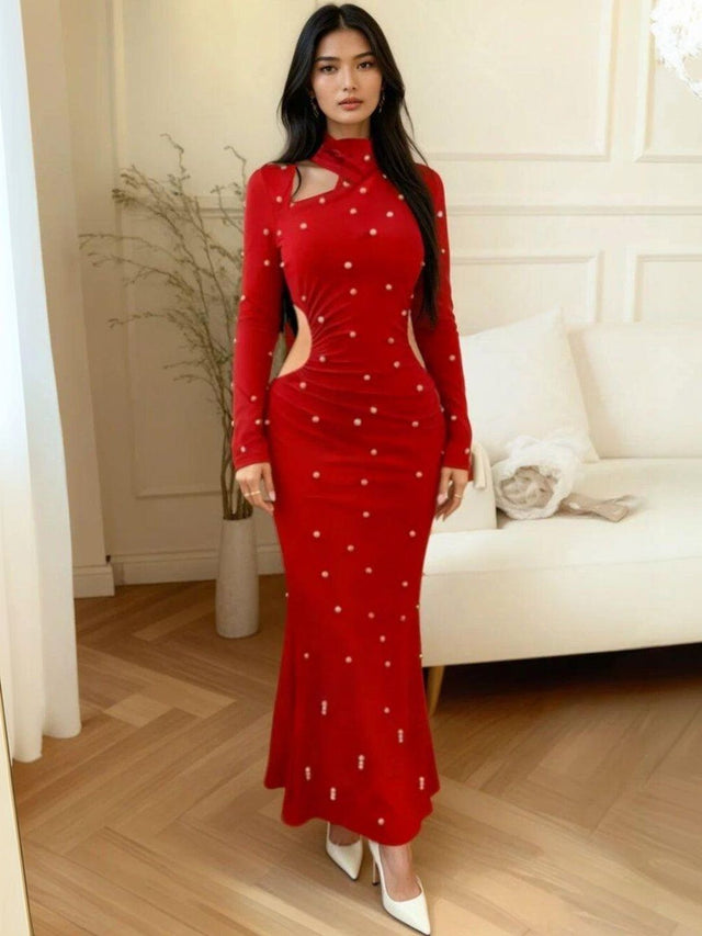 Red Embellished Bodycon Maxi Dress with Long Sleeves synthetic - Nowi Korean Fashion