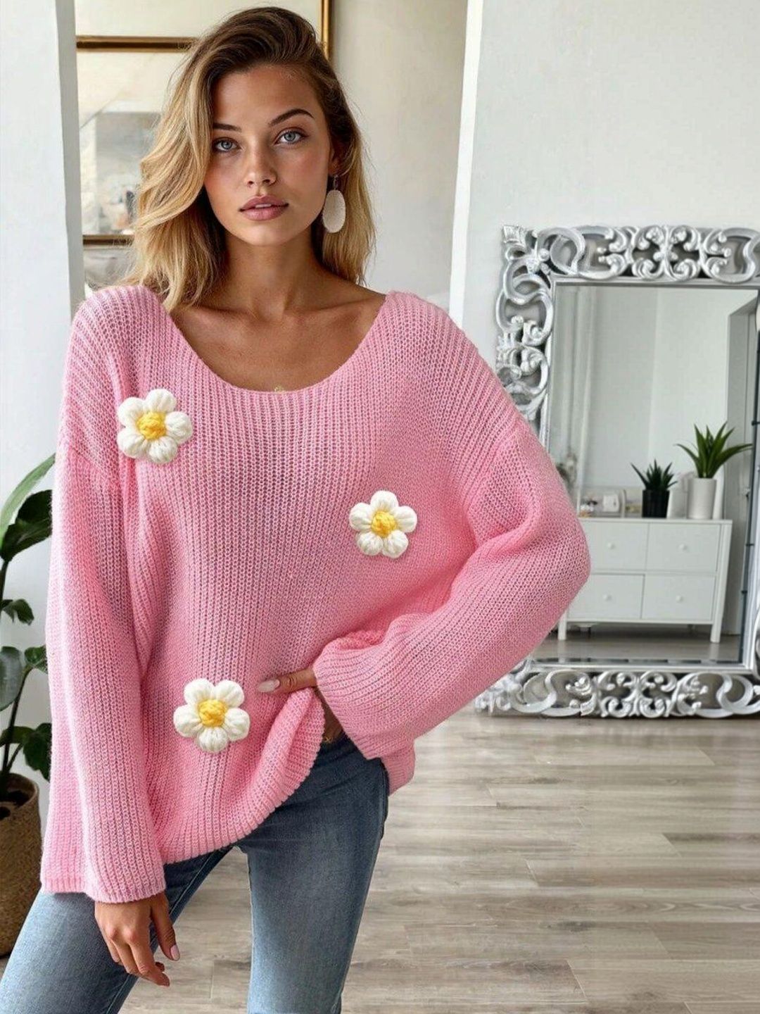 Ribbed Pullover with Applique Detail in Pink acrylic - Nowi Korean Fashion