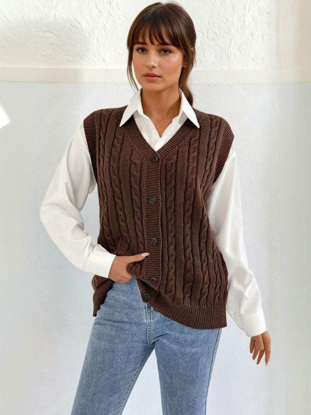 Cable Knit Sweater Vest in Brown acrylic - Nowi Korean Fashion