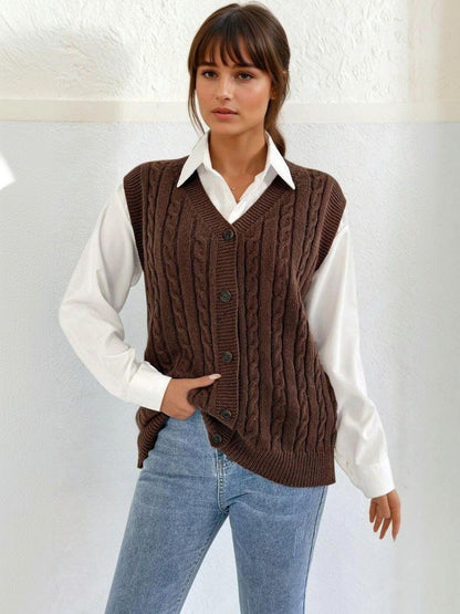 Cable Knit Sweater Vest in Brown acrylic - Nowi Korean Fashion