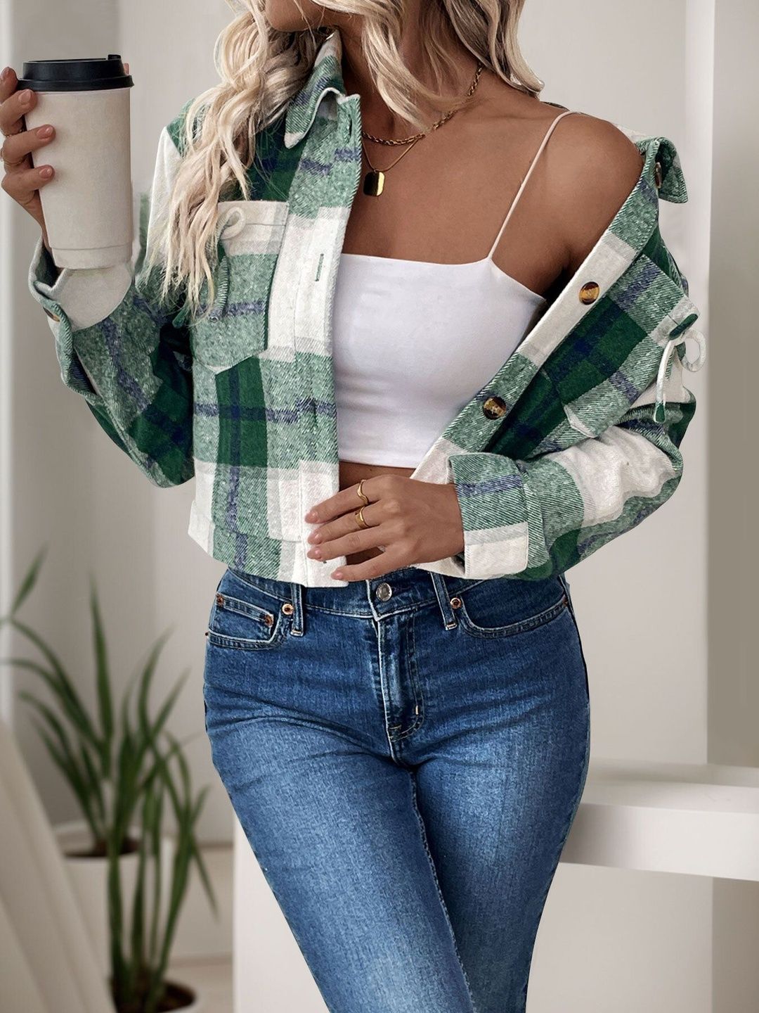 Women Checked Crop Tailored Jacket
