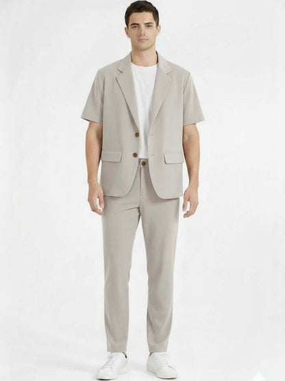 Solid Blazer with Trousers in Grey Short Sleeve - Nowi Korean Fashion