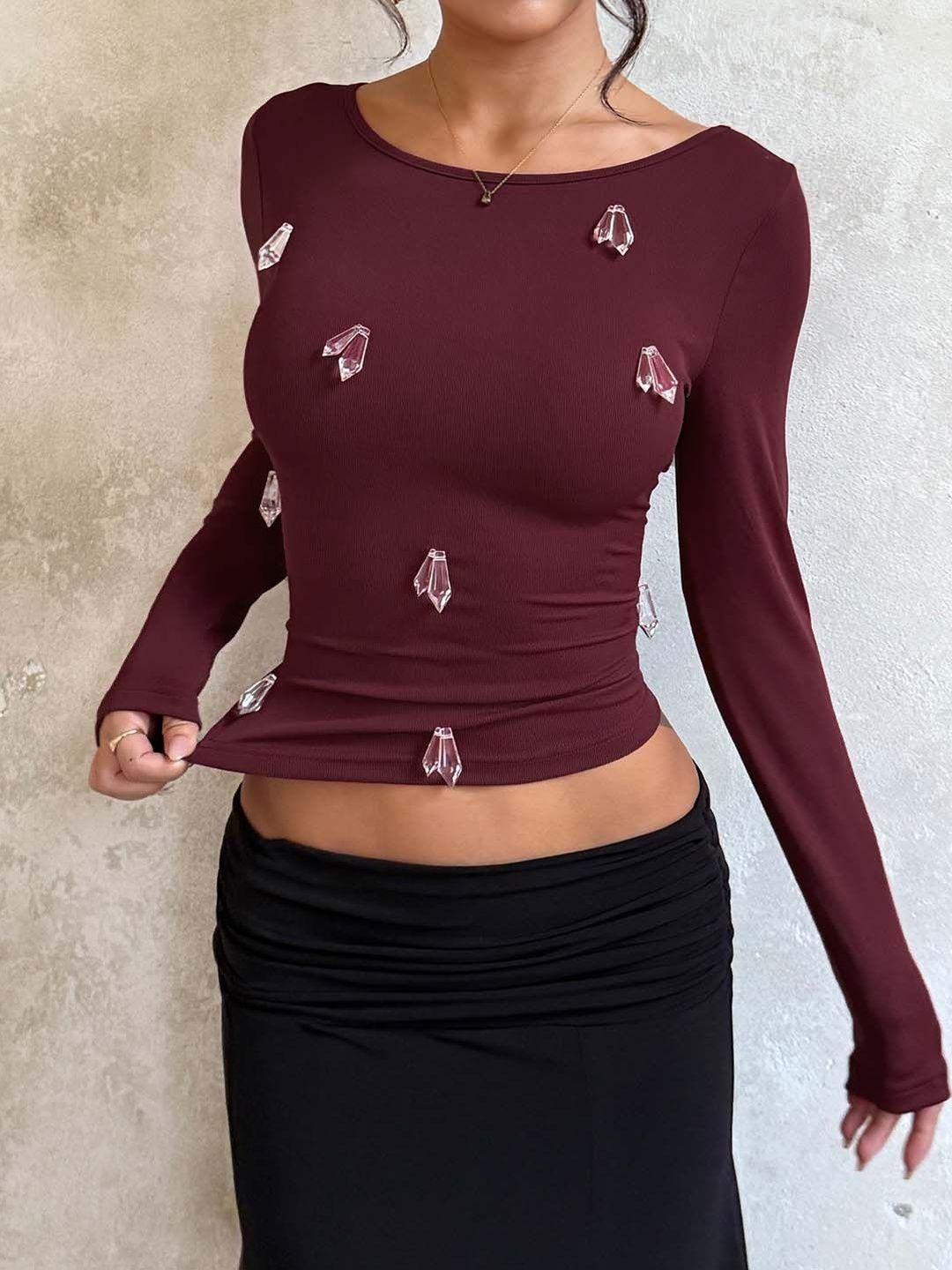 Burgundy Embellished Crop Top