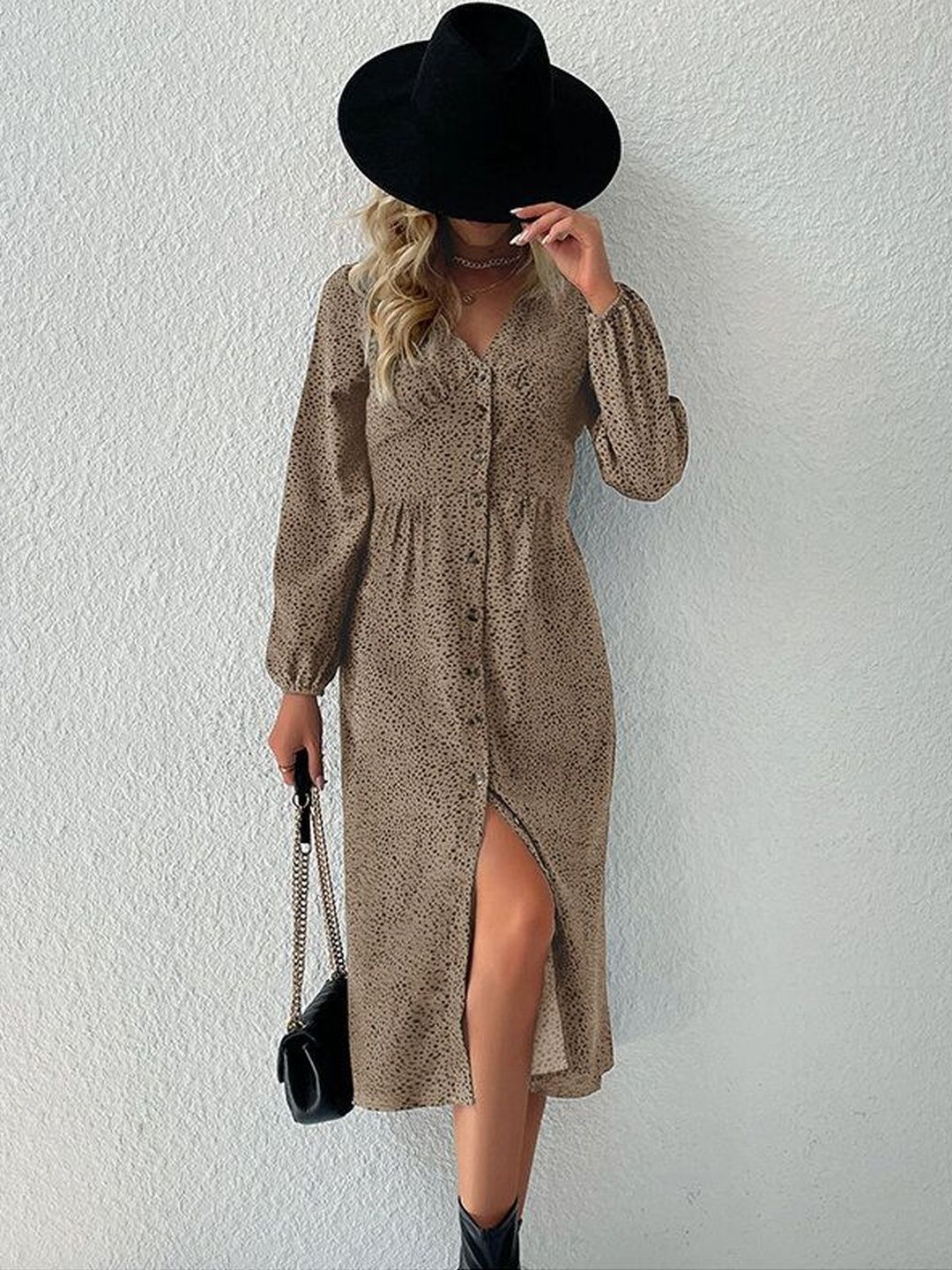 Print A-Line Midi Dress in Brown - Nowi Korean Fashion