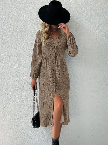 Print A-Line Midi Dress in Brown - Nowi Korean Fashion