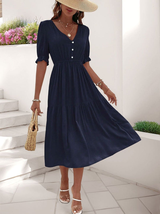 Puff Sleeve A-Line Midi Dress - Nowi Korean Fashion