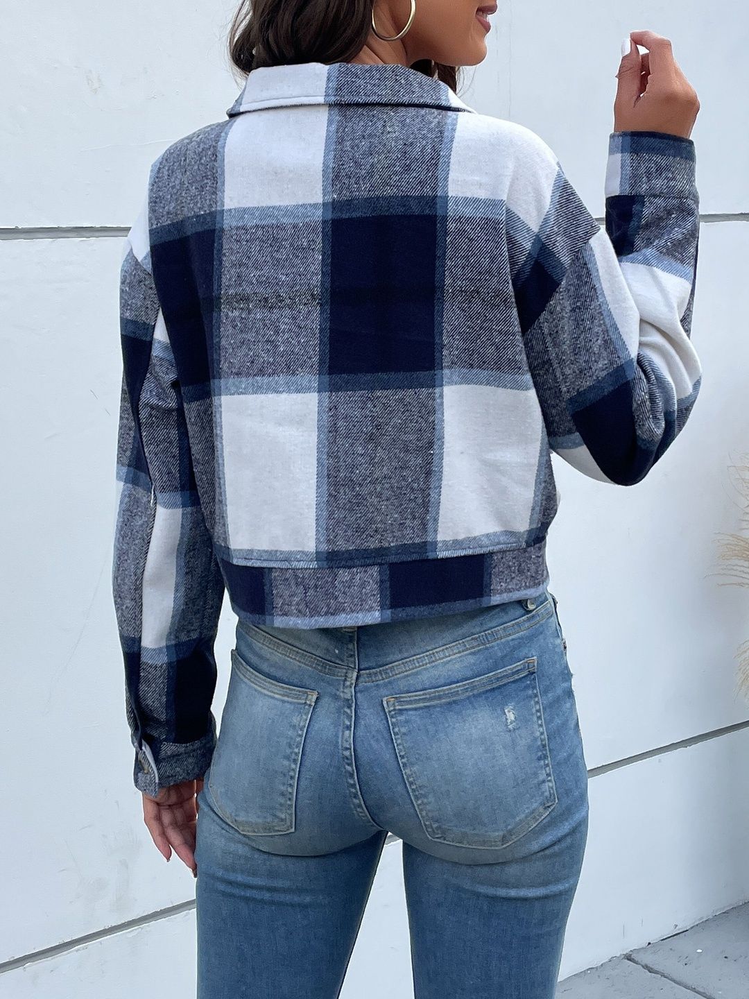 Women Checked Crop Denim Jacket