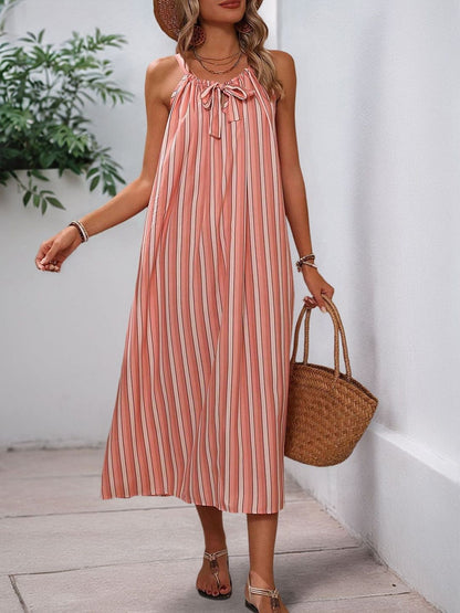 Striped Tie-Up Neck Midi Dress