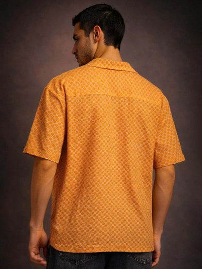 Geometric Printed Cuban Collar Cotton Casual Shirt