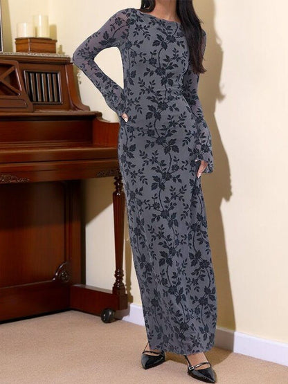 Floral Print Flared Sleeve Sheath Maxi Dress - Nowi Korean Fashion