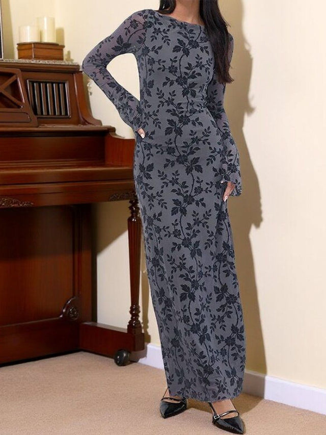 Floral Print Flared Sleeve Sheath Maxi Dress - Nowi Korean Fashion