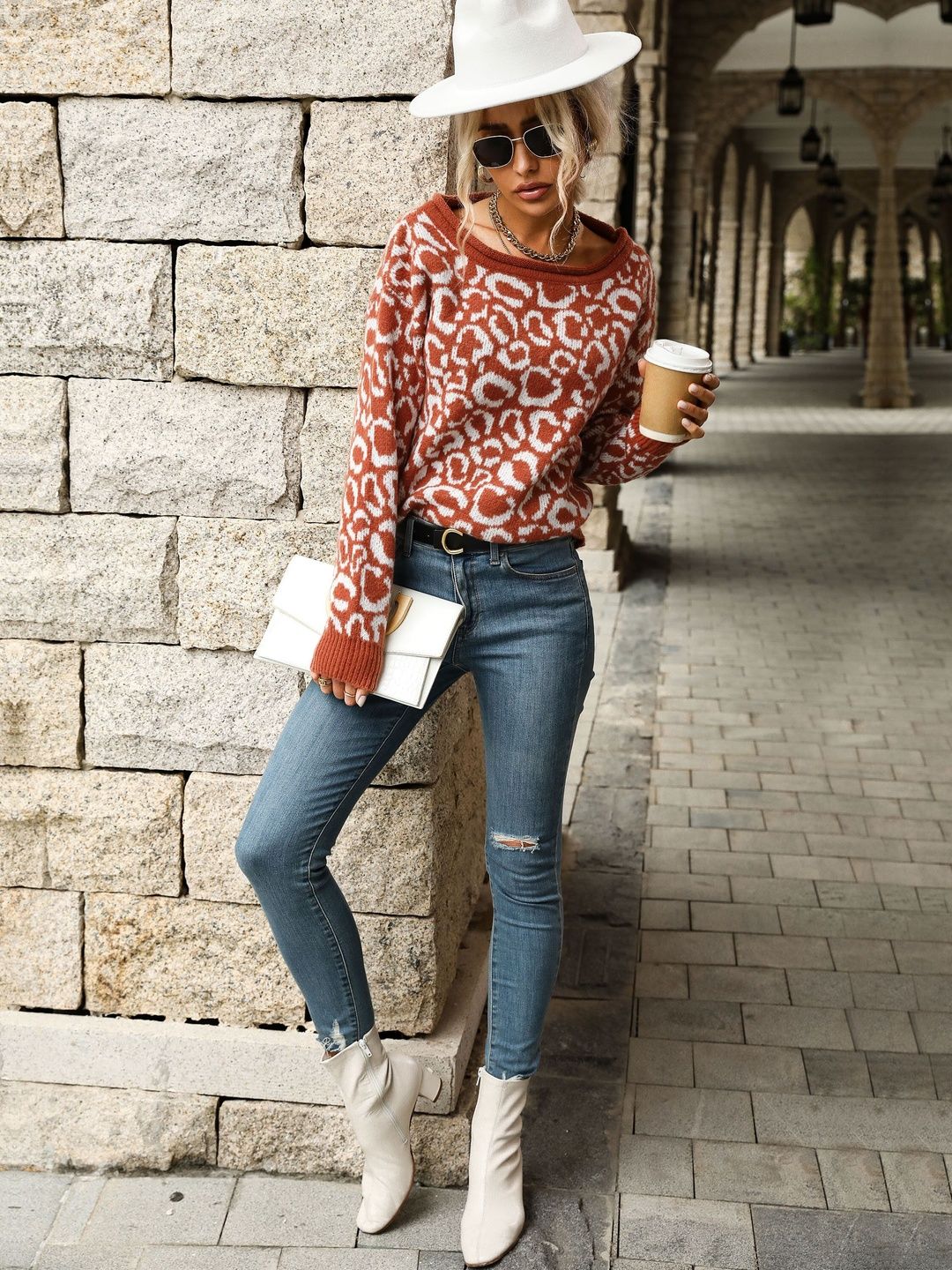 Animal Printed Pullover in Orange - Nowi Korean Fashion