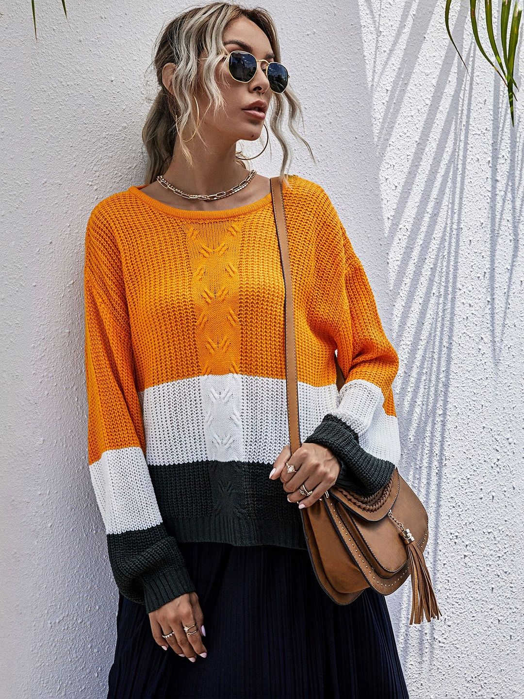 Women's Orange Colourblocked Pullover