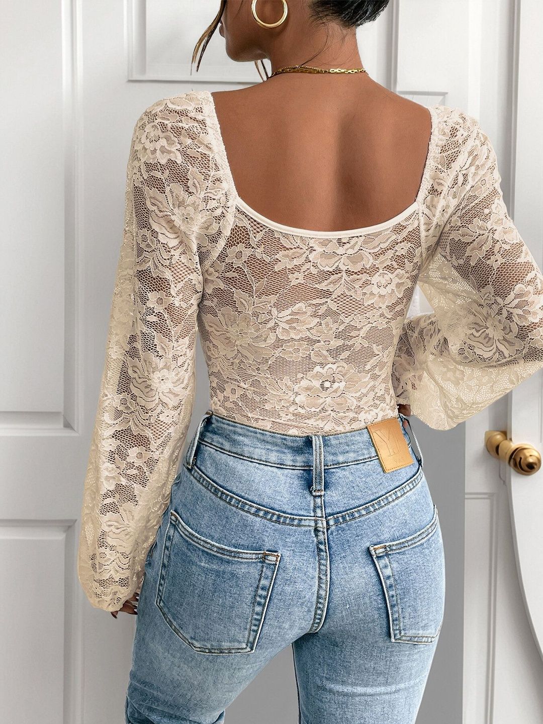 Laced Cotton V-Neck Bodysuit