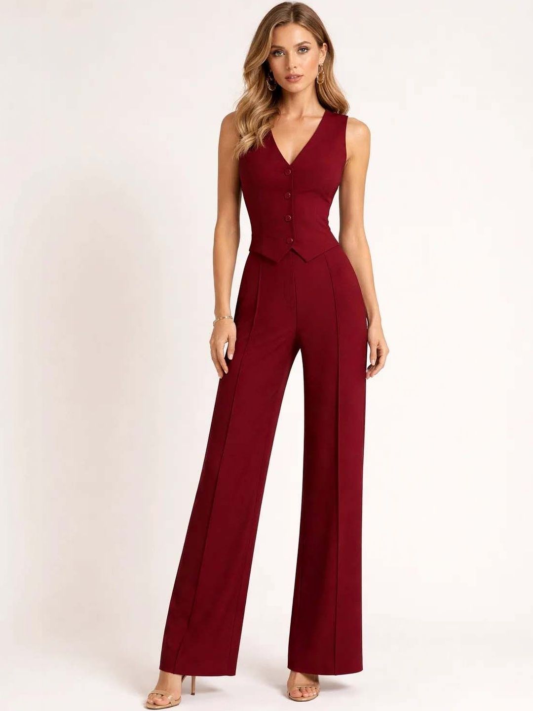 Maroon Solid Vest Top with Trousers - Nowi Korean Fashion