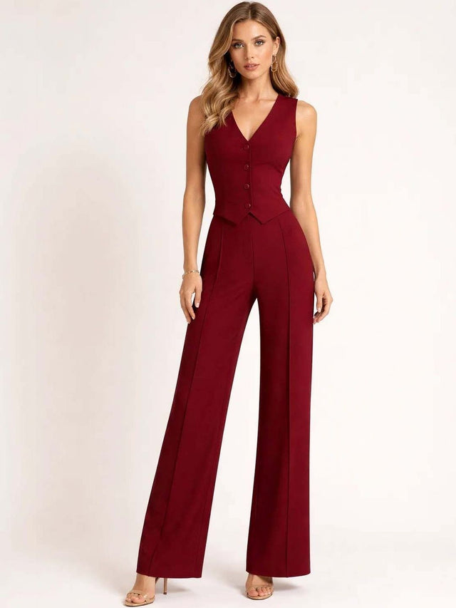 Maroon Solid Vest Top with Trousers - Nowi Korean Fashion