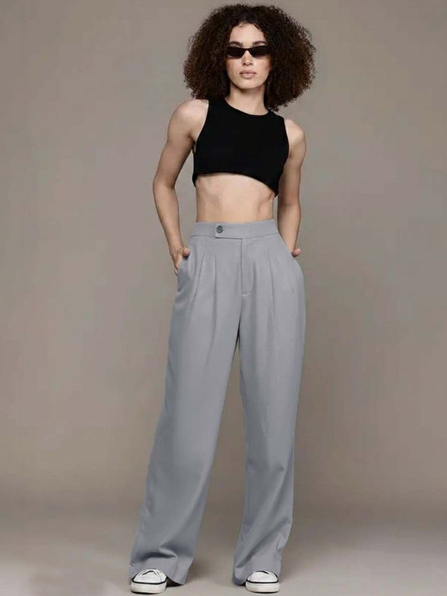High-Rise Wrinkle Free Pleated Trousers in Grey polyester - Nowi Korean Fashion
