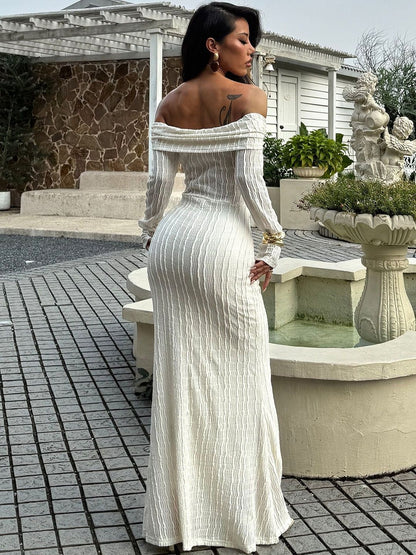 Off-Shoulder Linen Sheath Maxi Dress