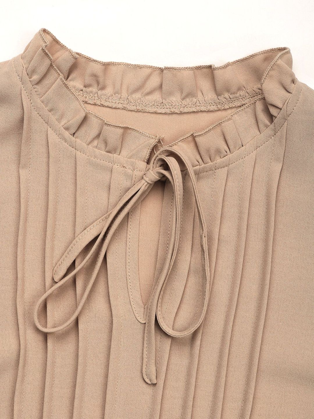 Women's Beige Tie-Up Neck Bishop Sleeves Top
