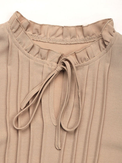 Women's Beige Tie-Up Neck Bishop Sleeves Top
