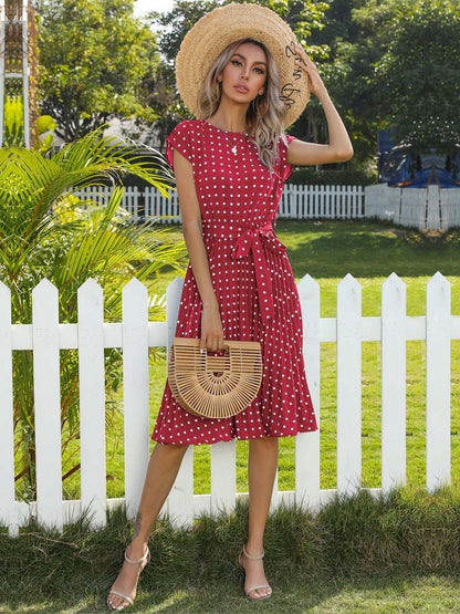 Women's Red Polka Dot Print Fit & Flare Midi Dress