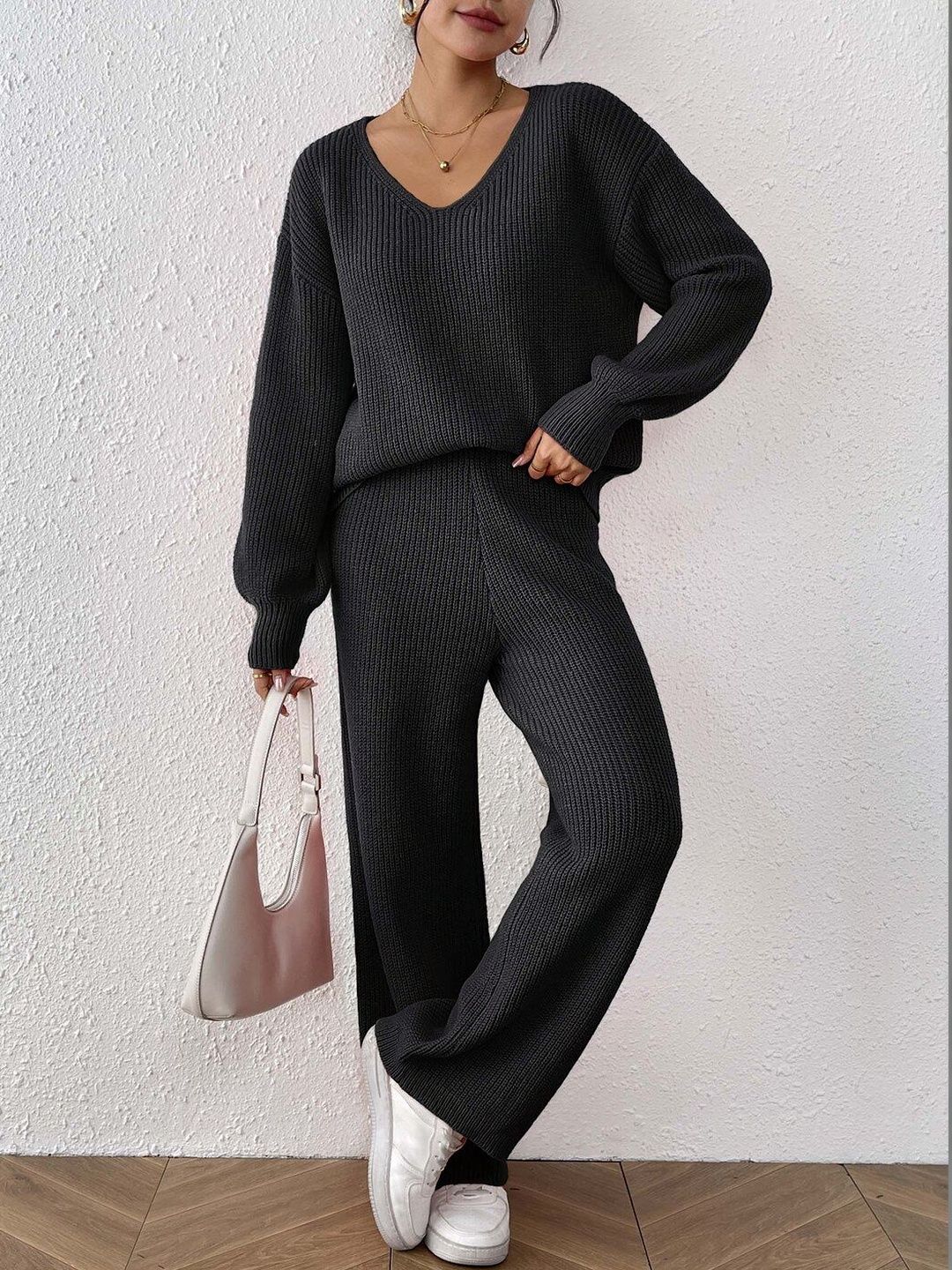 Black Knitted Sweater and Trousers Set