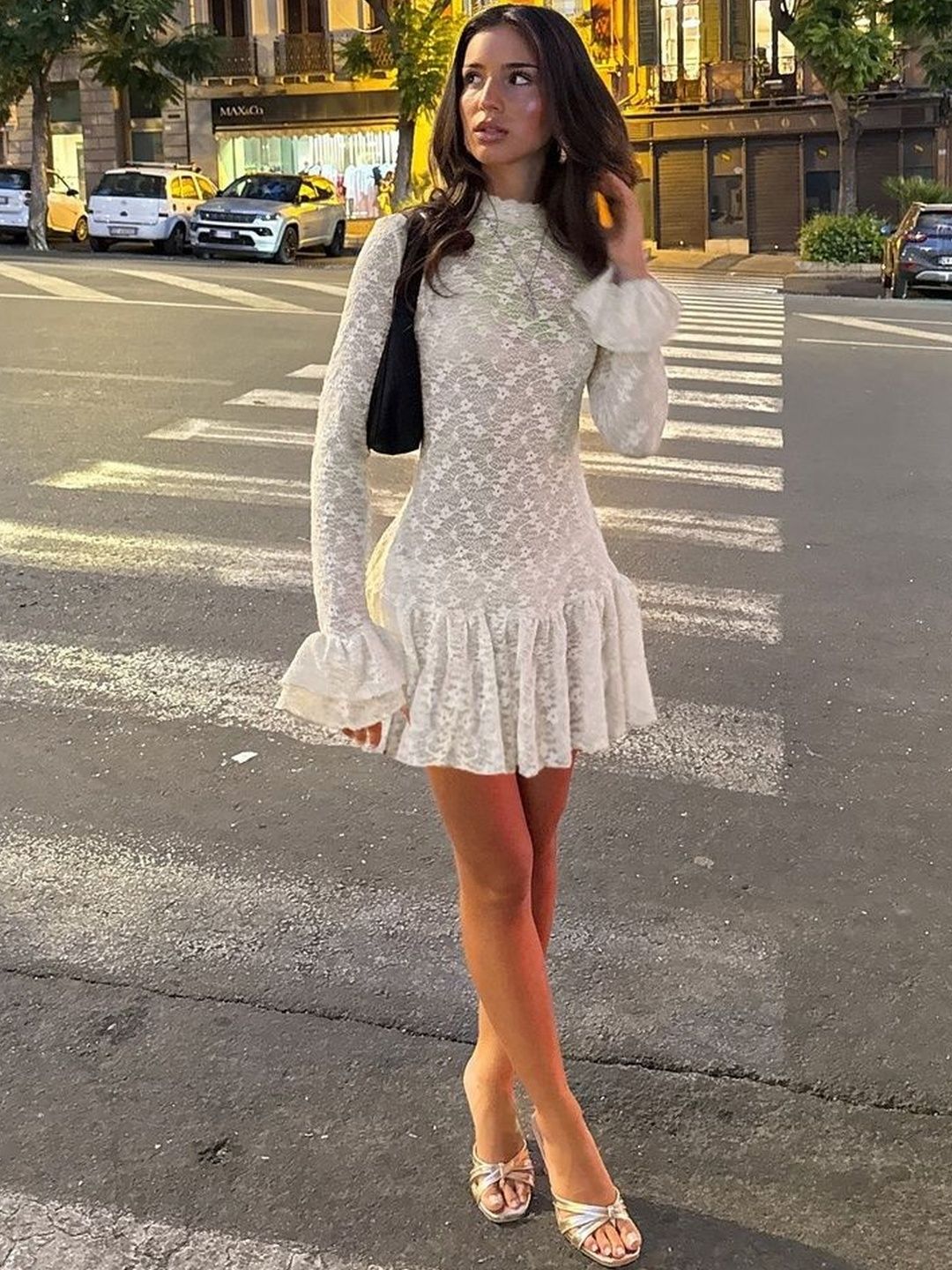 Flared Sleeve Ruffled Fit & Flare Dress - Nowi Korean Fashion